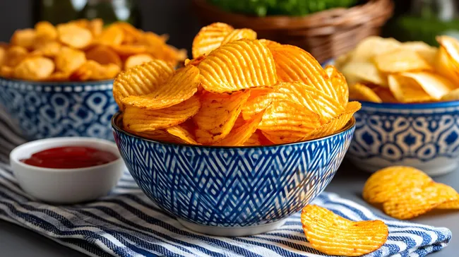 Knusprige Paprikachips in blauer Schale mit Ketchup