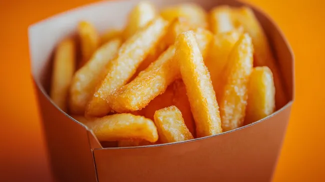 Knusprige Pommes Frites in Papierschachtel
