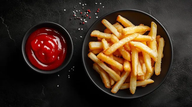Knusprige Pommes Frites mit Ketchup auf Schieferuntergrund
