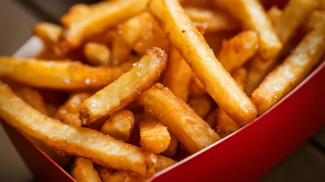 Knusprige Pommes in roter Servierschale