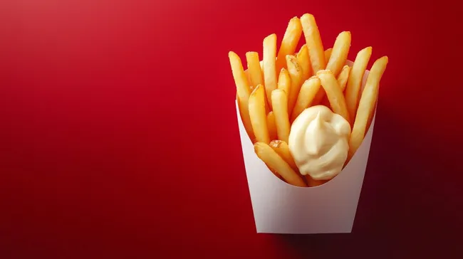 Knusprige Pommes mit cremiger Mayonnaise vor rotem Hintergrund