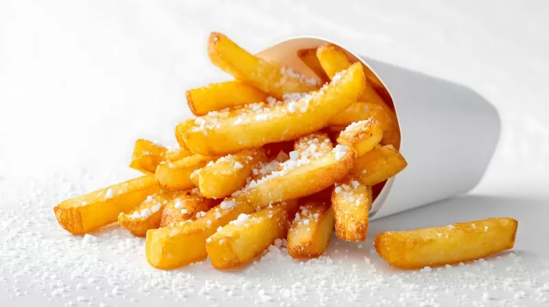 Knusprige Pommes mit Salz auf weißem Papier isoliert