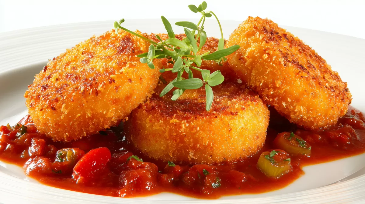 Knusprige Reis Bratlinge mit Tomatensauce auf Teller