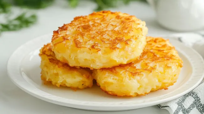 Knusprige Rösti-Scheiben auf weißem Teller