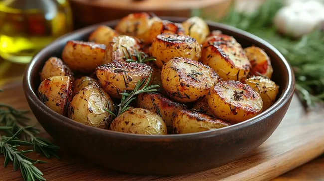 Knusprige Rosmarin-Ofenkartoffeln in rustikaler Schüssel