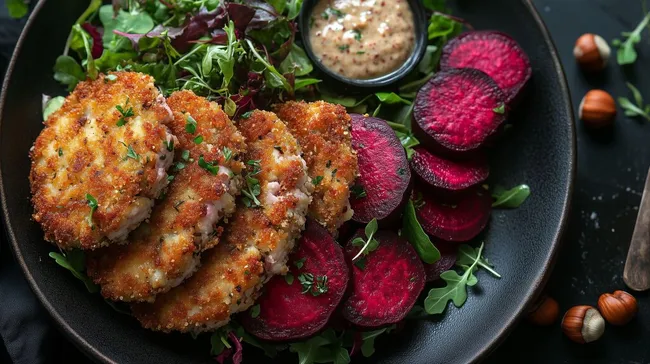 Knusprige Rote-Bete-Scheiben mit Salat und Senfdip
