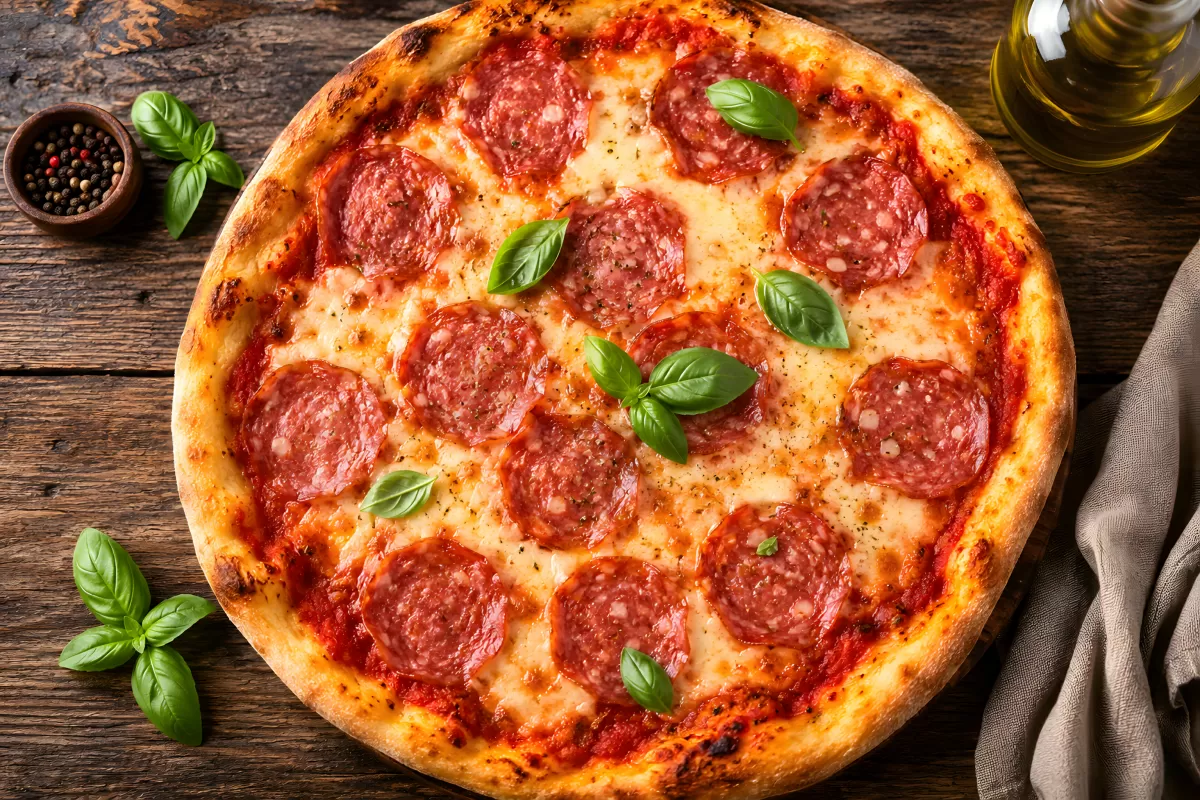 Knusprige Salami-Pizza mit frischem Basilikum
