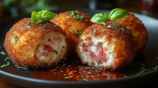 Knusprige Schinken-Kroketten mit Tomaten-Basilikum-Füllung
