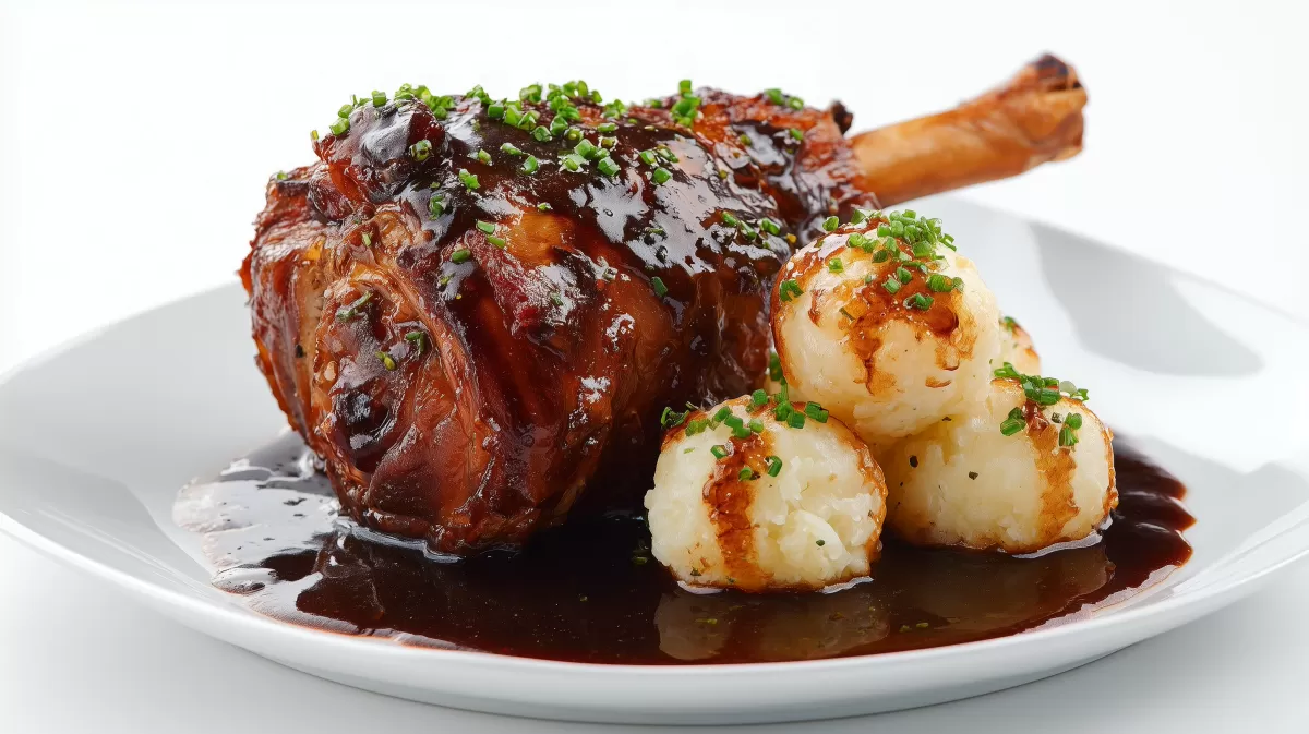 Knusprige Schweinshaxe mit Knödel und dunkler Soße