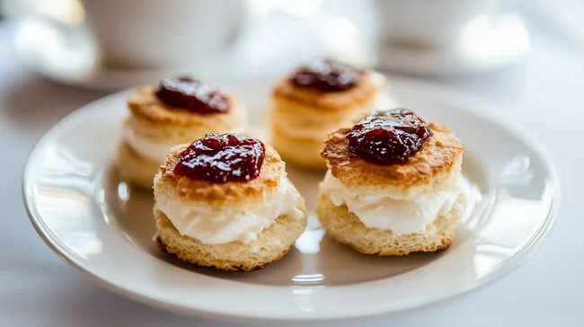 Knusprige Scones mit Marmelade und Sahne auf weißer Platte