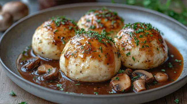 Knusprige Semmelknödel in cremiger Pilzsauce