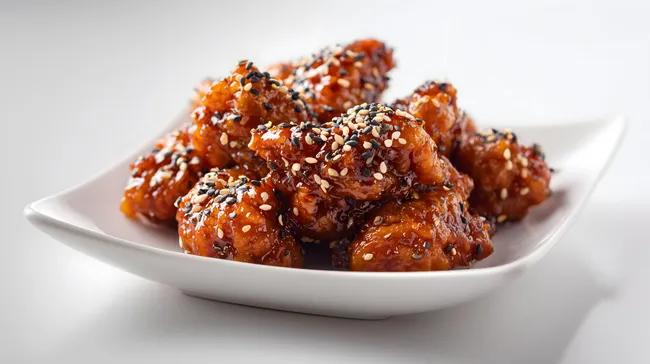 Knusprige Sesam-Hühnchen-Stücke auf weißem Teller