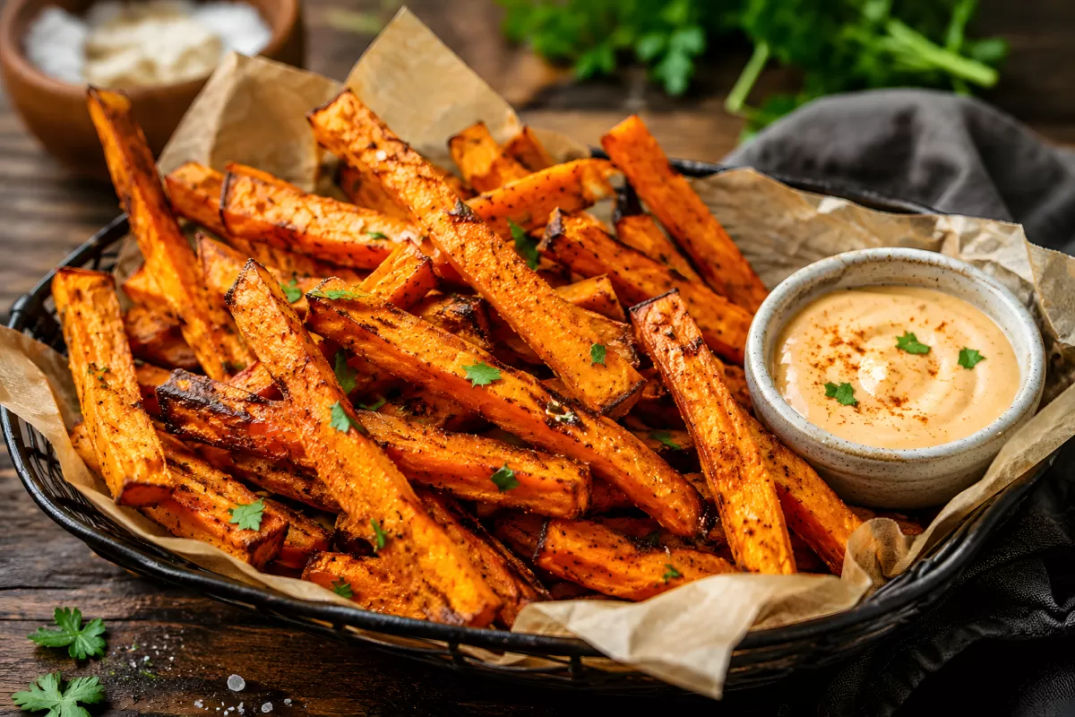 Knusprige Süßkartoffel-Pommes im Korb mit Dip