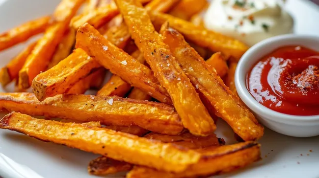 Knusprige Süßkartoffel-Pommes mit Ketchup und Mayonnaise