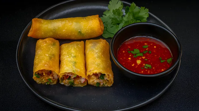 Knusprige Thai-Frühlingsrollen mit scharfer Tomatendip-Sauce