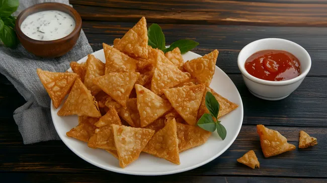 Knusprige Tortilla-Chips mit Dips auf Holztisch