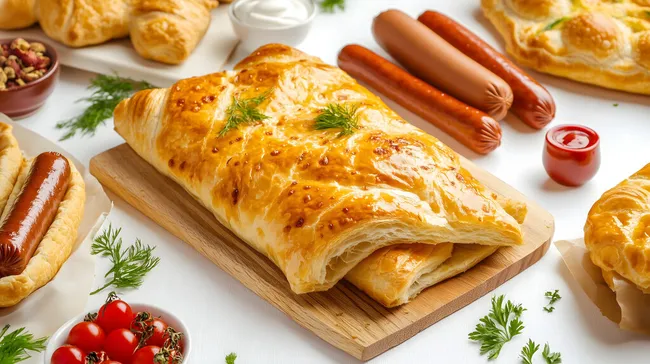 Knusprige Würstchen im Blätterteig auf Holzbrett