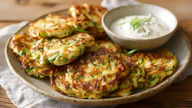 Knusprige Zucchini-Halloumi-Puffer mit Joghurtdip