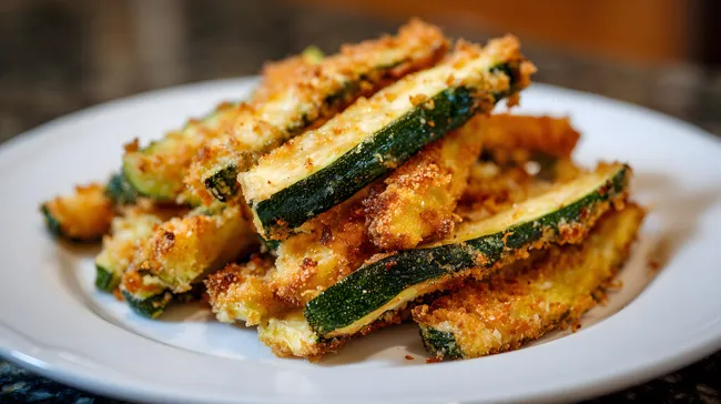 Knusprige Zucchini-Pommes auf weißem Teller