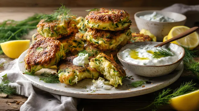 Knusprige Zucchini-Puffer mit Kräuterquark-Dip