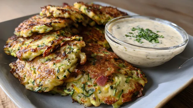 Knusprige Zucchinipuffer mit leckerer Joghurt-Kräuter-Sauce