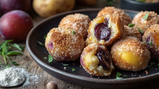 Knusprige Zwetschgen- und Marillenknödel mit Broselbelag