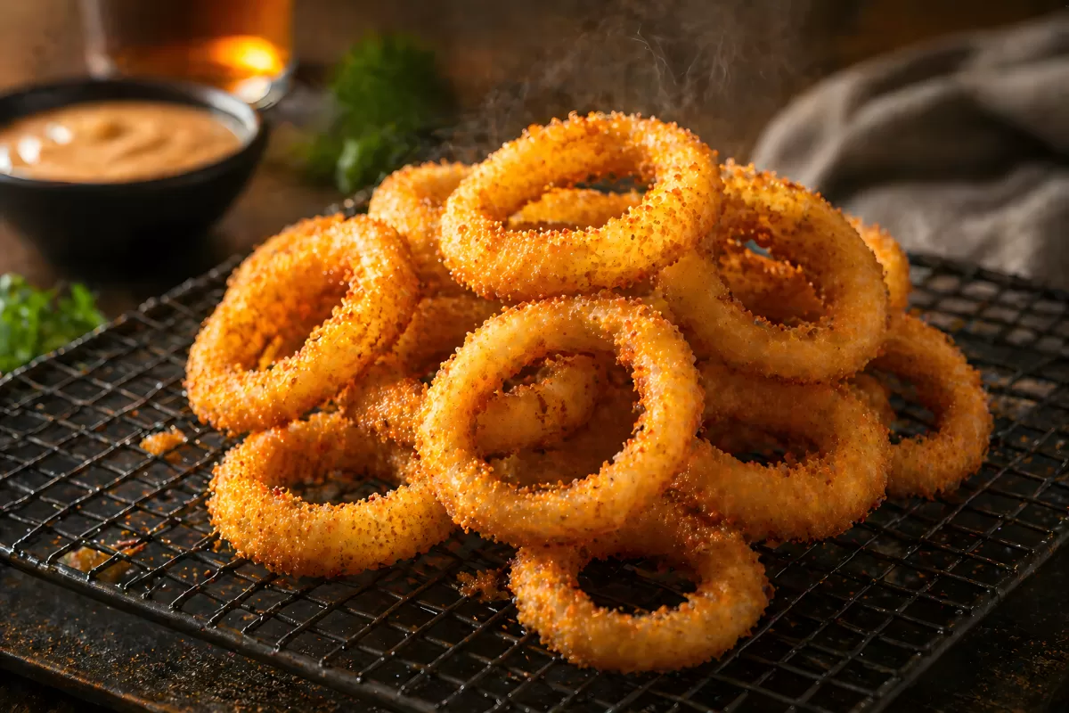 Knusprige Zwiebelringe auf Gitterrost mit Dip