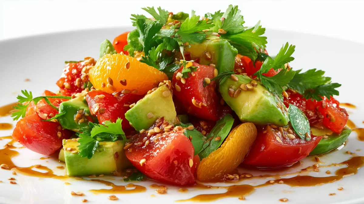 Knuspriger Avocado Tomaten Salat mit Sesam