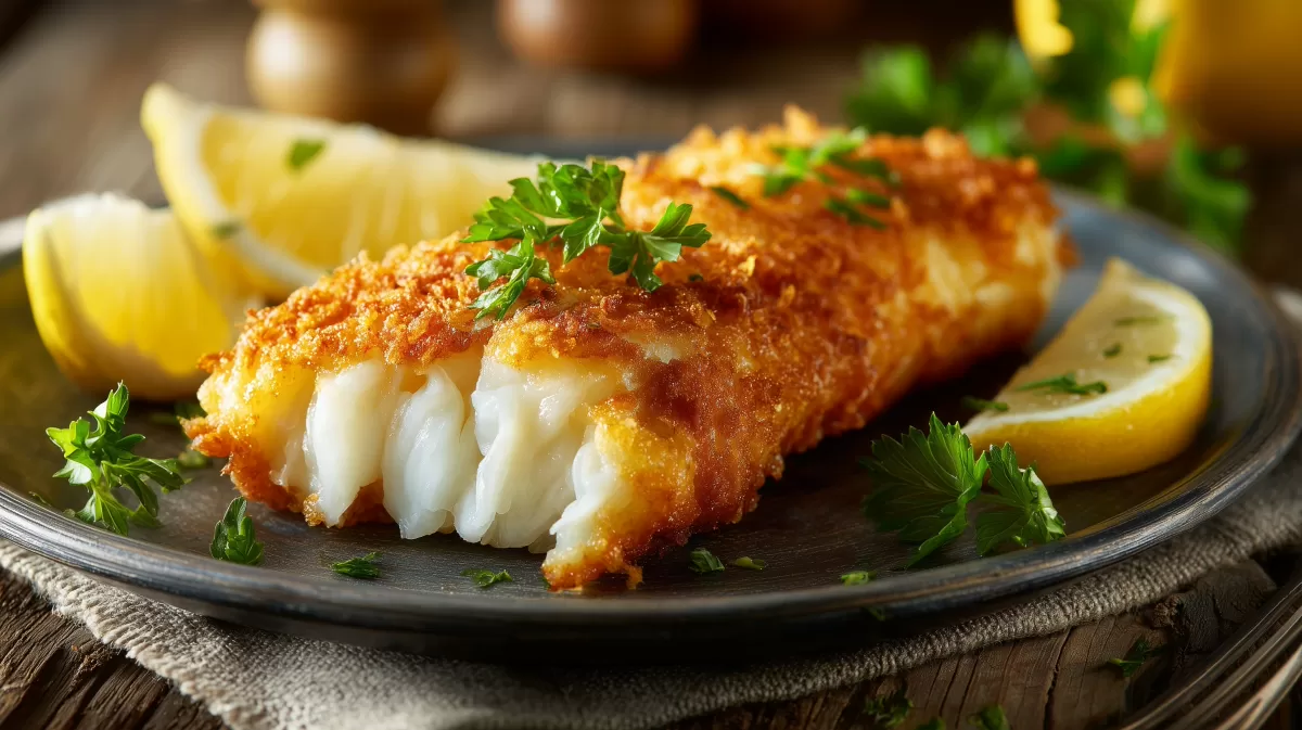 Knuspriger Backfisch mit Petersilie und Zitrone