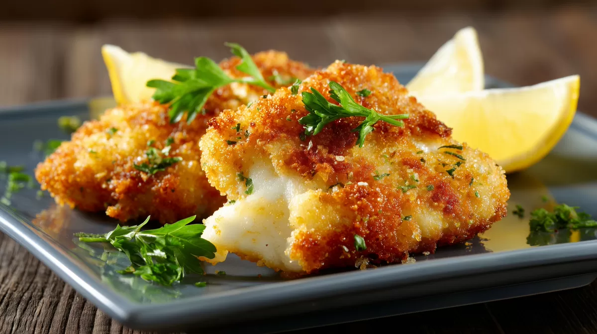 Knuspriger Backfisch mit Zitrone auf dunklem Teller