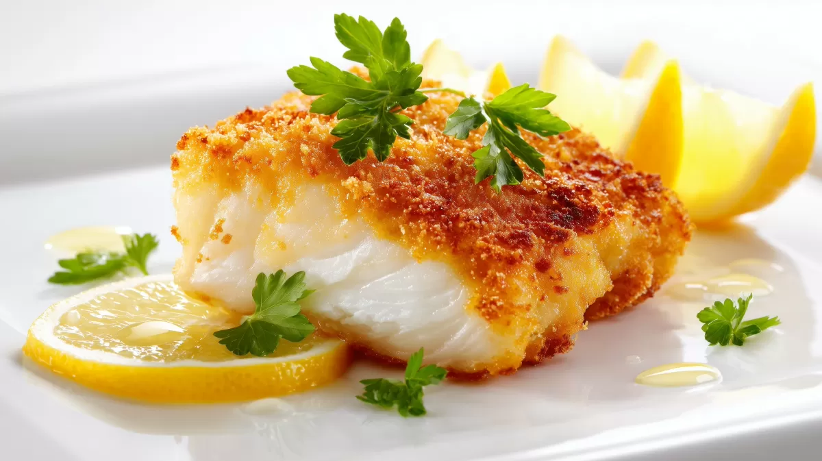 Knuspriger Backfisch mit Zitrone auf weißem Teller