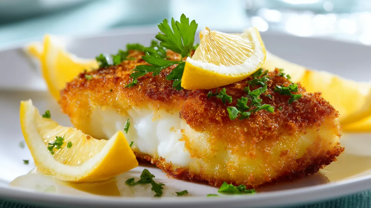 Knuspriger Backfisch mit Zitrone und Petersilie