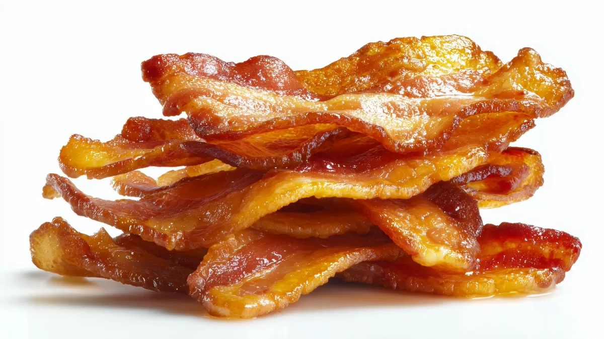 Knuspriger Bacon Frühstücksspeck auf weißem Grund