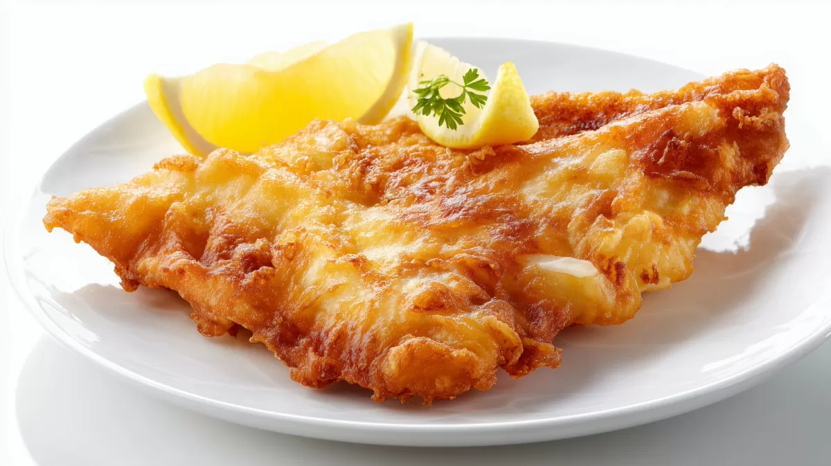Knuspriger Bierteig Fisch mit Zitrone auf Teller