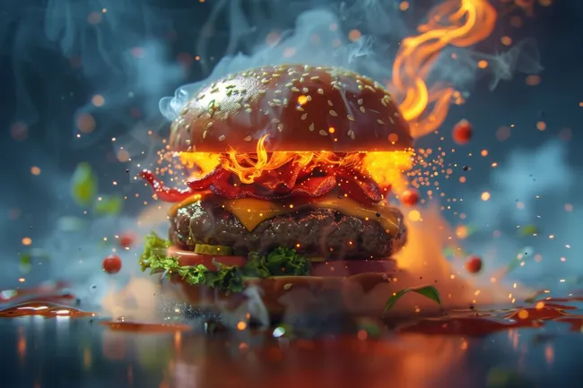 Knuspriger Burger mit Flammeneffekt und Käse