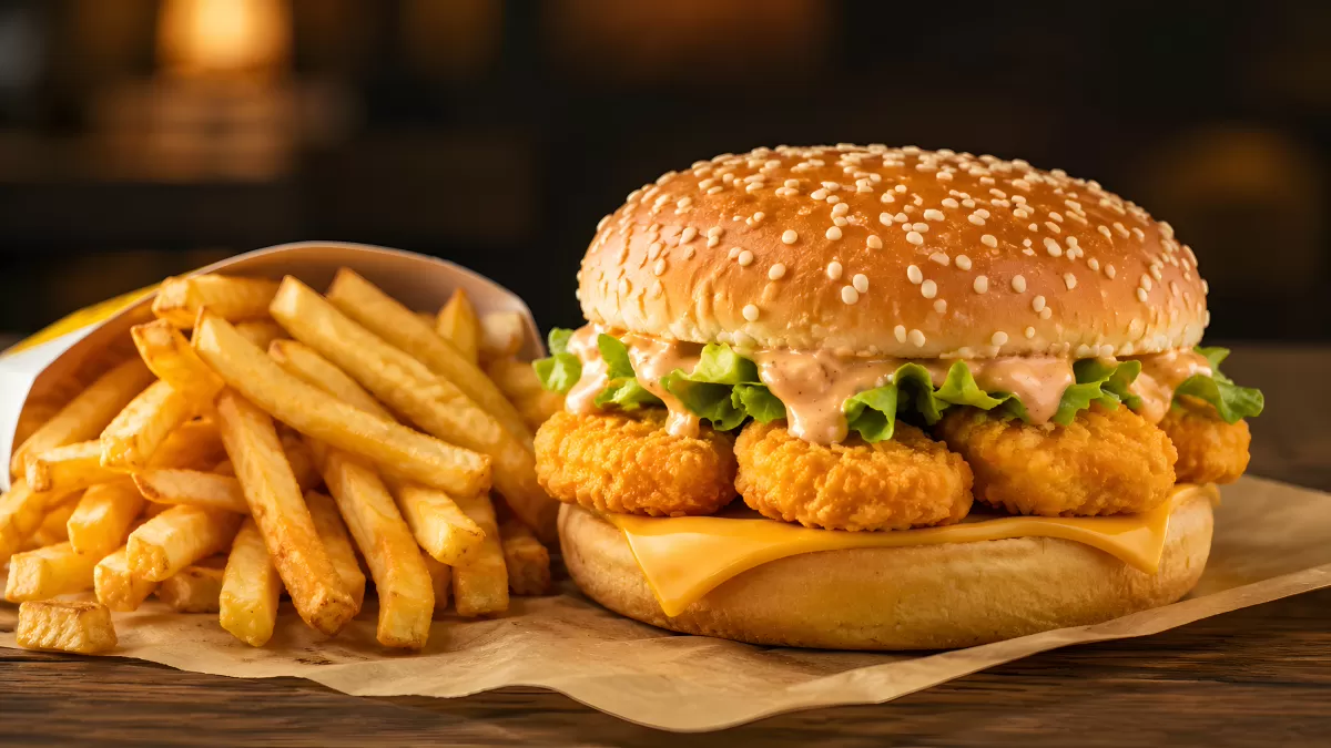 Knuspriger Chicken-Burger mit Pommes auf Holztisch