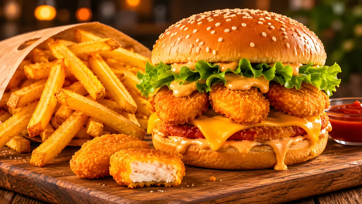 Knuspriger Chicken-Burger mit Pommes und Nuggets