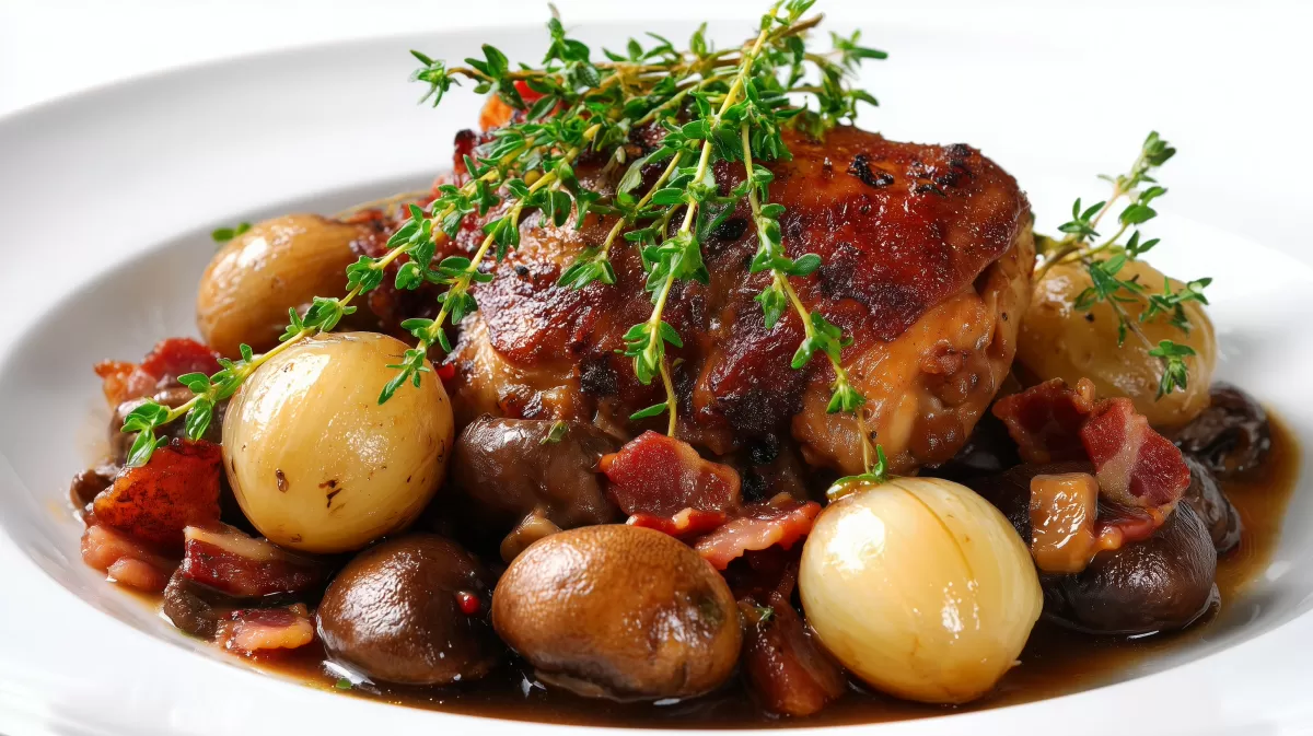 Knuspriger Coq au vin aus dem Backofen mit Thymian