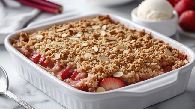 Knuspriger Erdbeer-Rhabarber-Crumble mit Mandeldecke