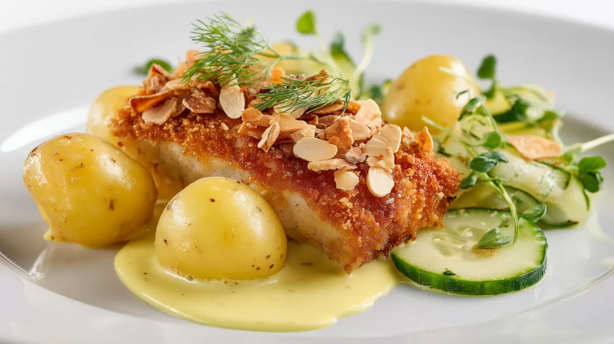 Knuspriger Fisch mit Senfsauce und Mandeln