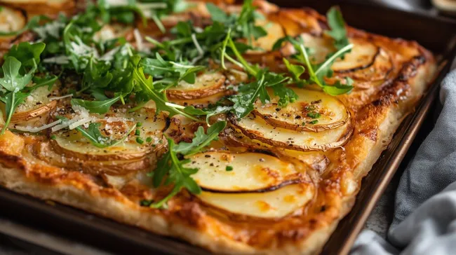Knuspriger Flammkuchen mit Kartoffeln und Rucola