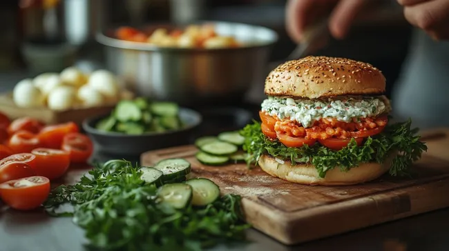 Knuspriger Gemüseburger auf rustikalem Schneidebrett