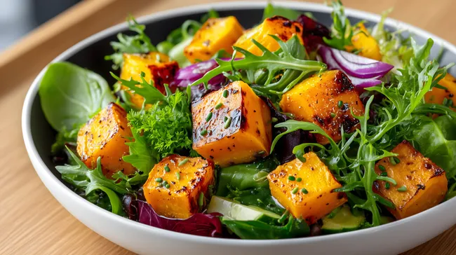 Knuspriger Gemüsesalat mit gerösteten Kürbisquadern