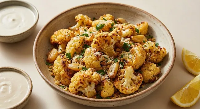 Knuspriger, gewürzter Blumenkohlsalat in brauner Schüssel