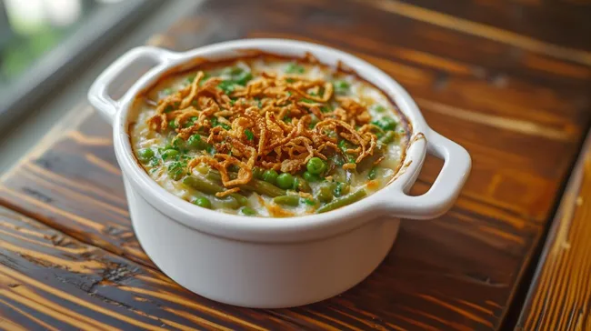 Knuspriger Gratinierter Bohnentopf in weißer Schale