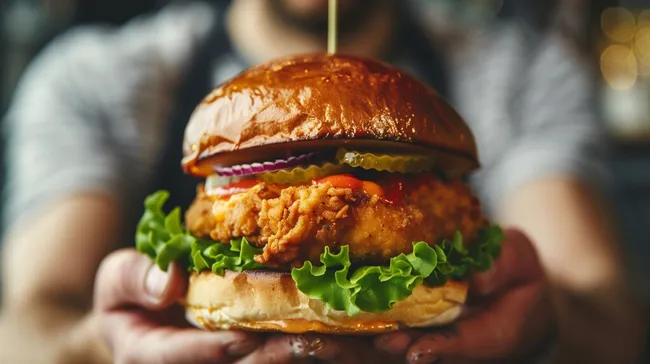 Knuspriger Hähnchen-Burger mit Brioche-Brötchen und Salat
