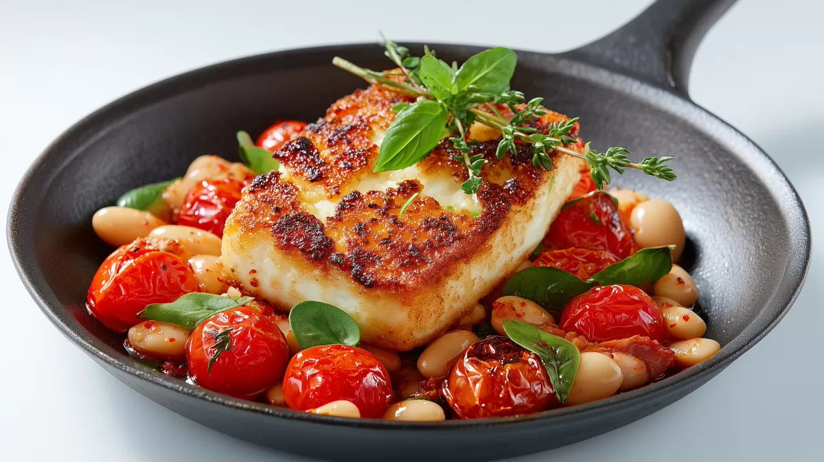 Knuspriger Halloumi mit Tomaten und Bohnensalat