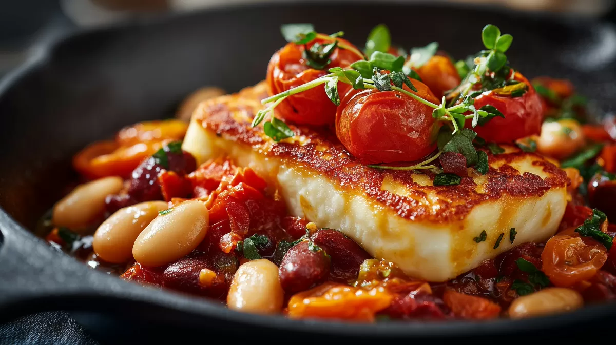 Knuspriger Halloumi mit Tomaten und weißen Bohnen