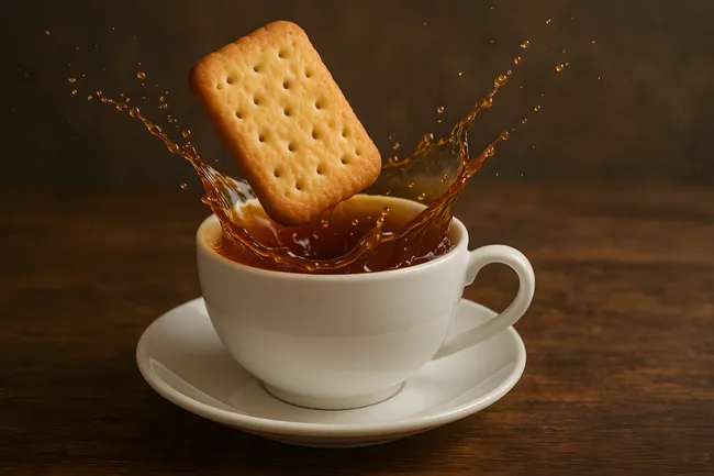 Knuspriger Keks fällt in dampfende Teetasse