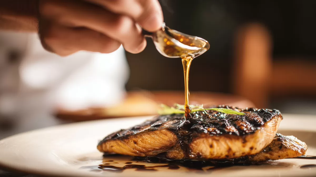Knuspriger Lachsfilet mit glänzender Sauce